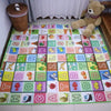 A colorful soft foam baby play mat featuring letters and shapes for infant development.