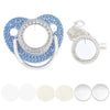 A set of sparkling rhinestone pacifiers with clips for babies, featuring blue and clear accents.