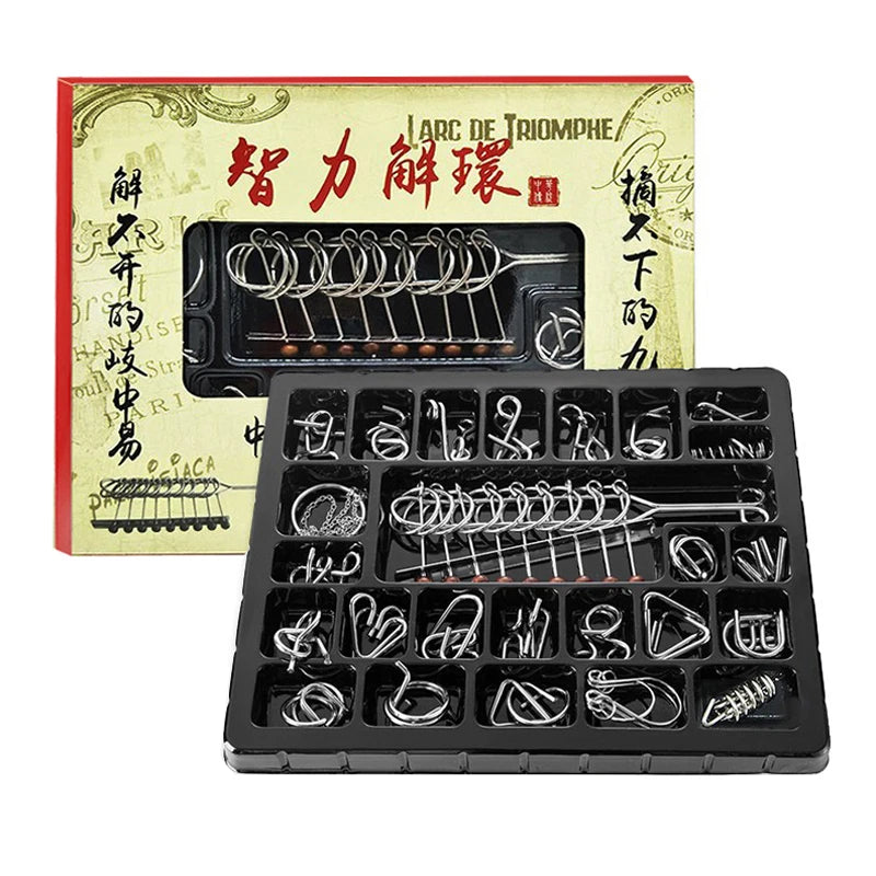 A black metal wire puzzle brain teaser set with various coiled and straight wires displayed next to a vintage-style box.