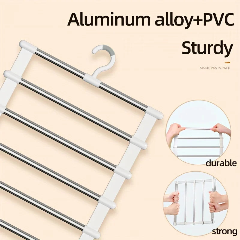 A silver and white aluminum alloy PVC multi-tier pants rack for closet organization, demonstrating durability and strength.