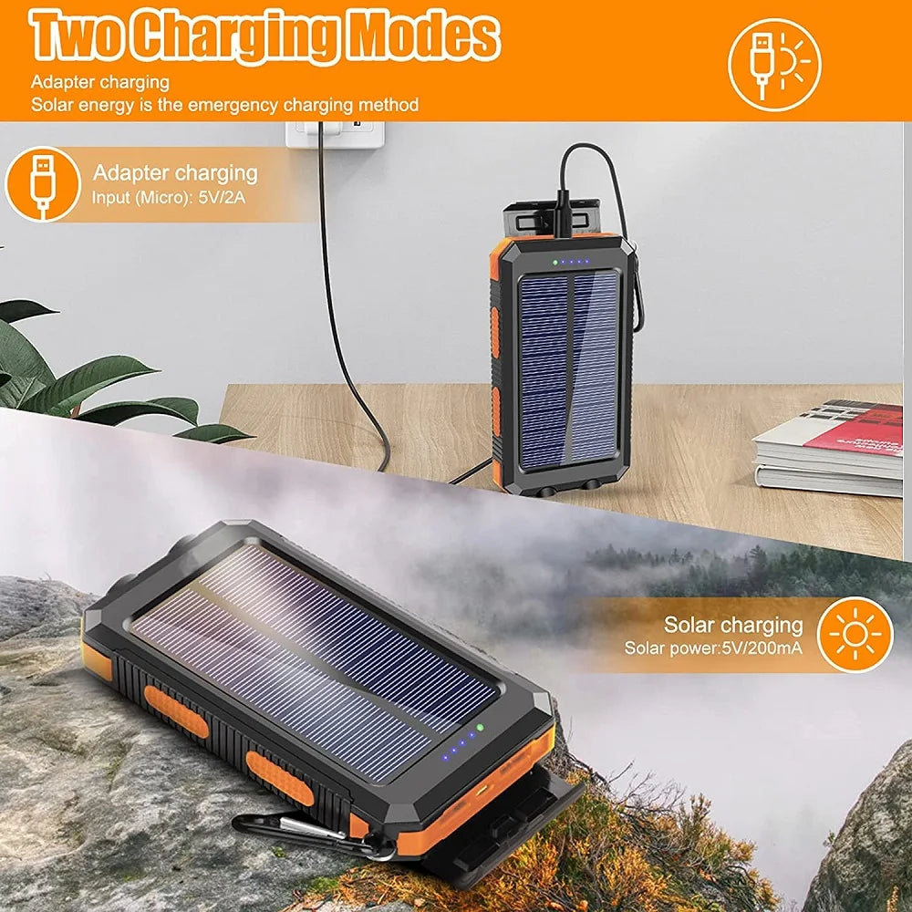 A solar charging panel is shown outdoors, ready to charge a power bank.