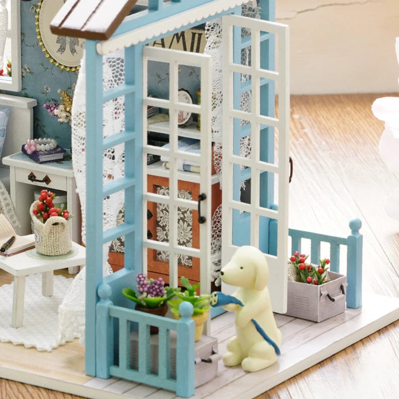 A DIY miniature dollhouse kit featuring a wooden puzzle craft with LED lights and decorative elements.
