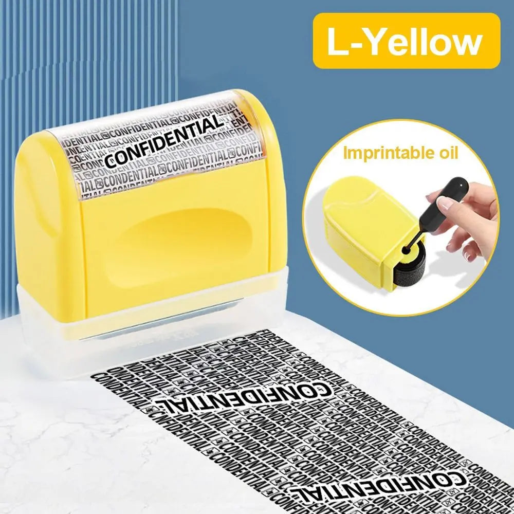 A yellow roller identity protection stamp with confidential text is shown on a glass surface.