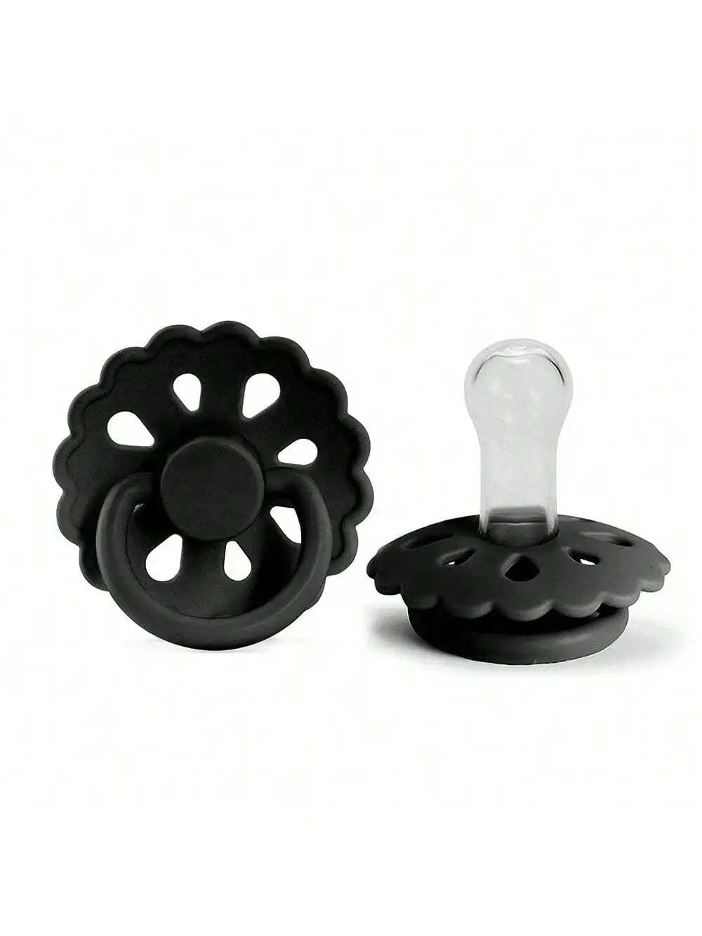 Black silicone baby pacifier with a flower-shaped ring and a clear silicone nipple top