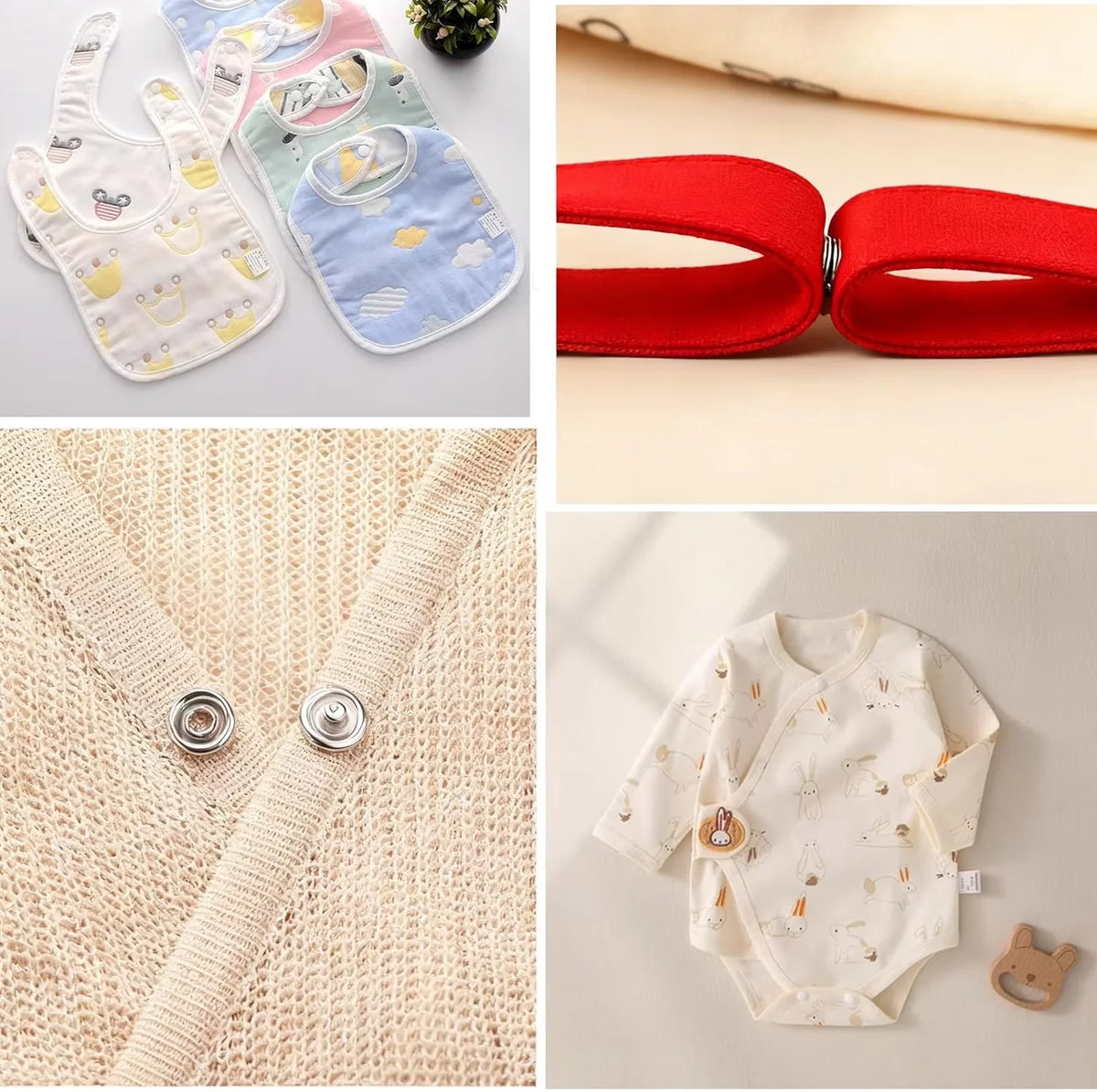 A set of snap fasteners and pliers for pressing fabric, shown alongside a baby garment.