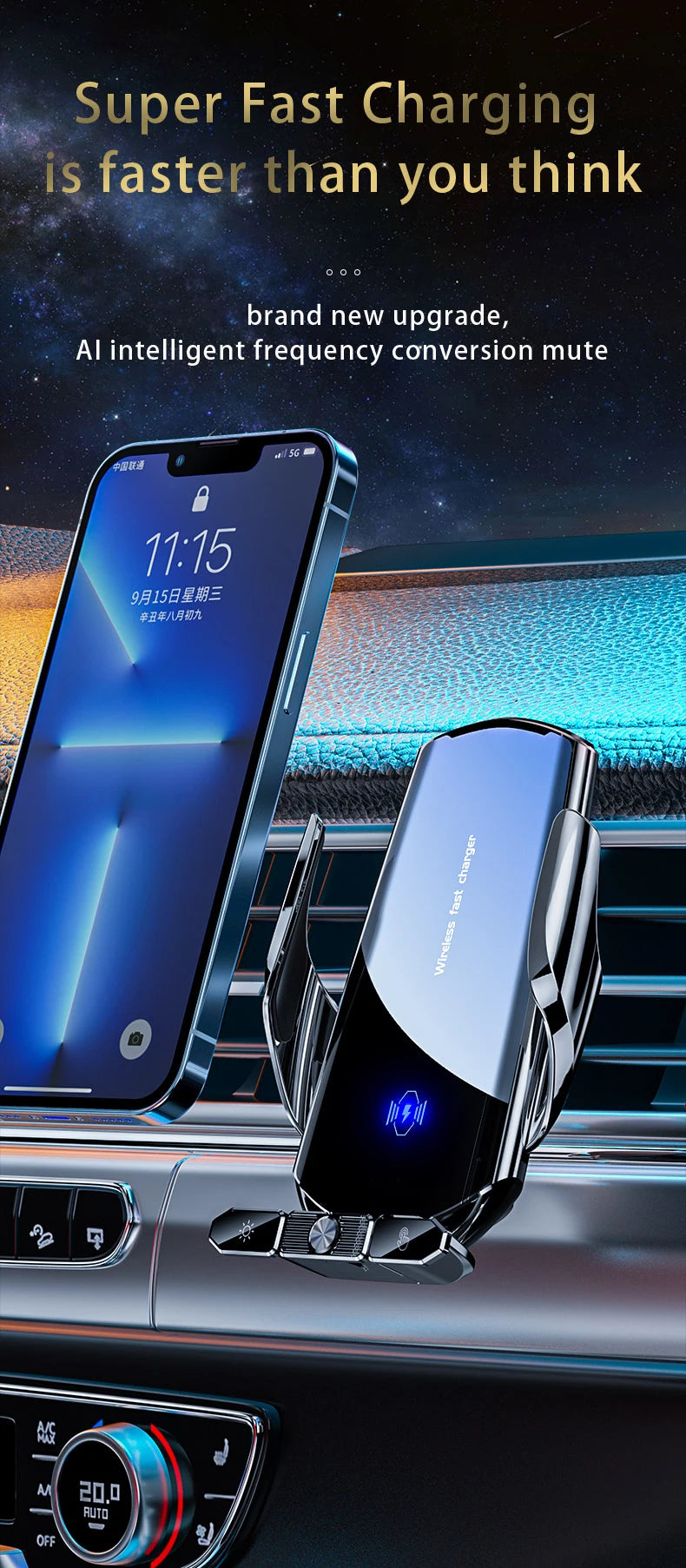 150W Magnetic Wireless Car Charger Mount with Auto-Clamping Cradle