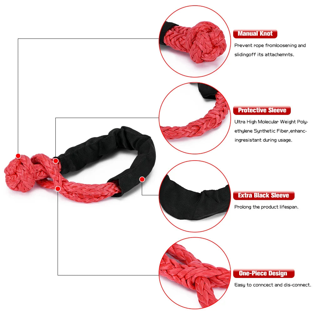 A set of red synthetic rope and knot shown with various features including a manual knot, protective sleeve, extra black slee