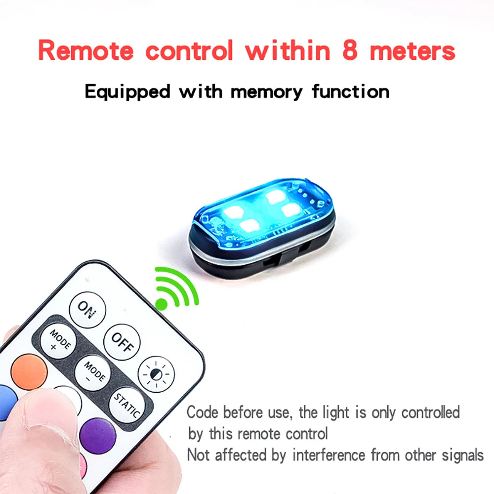 A blue remote control for car interior ambient lighting, showing an ON/OFF switch and mode selection buttons.