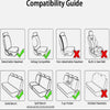 Compatibility guide showing various seat features like detachable headrest, airbag compatibility, and seat belt types.