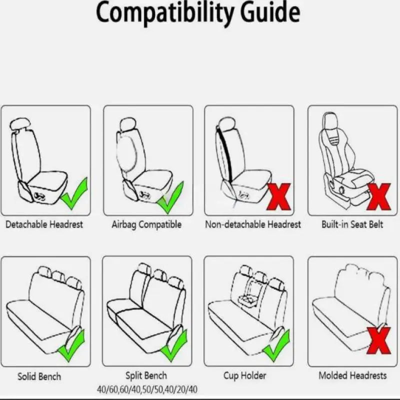 Compatibility guide showing various seat features like detachable headrest, airbag compatibility, and seat belt types.