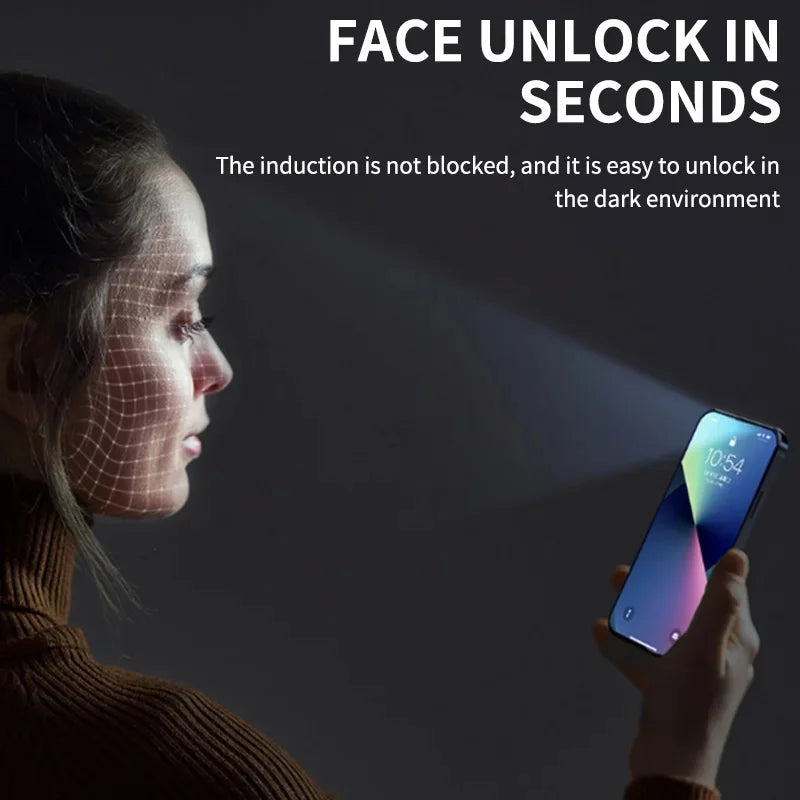 A close-up of a woman's face with a grid overlay, looking at an iPhone screen in a dark environment.