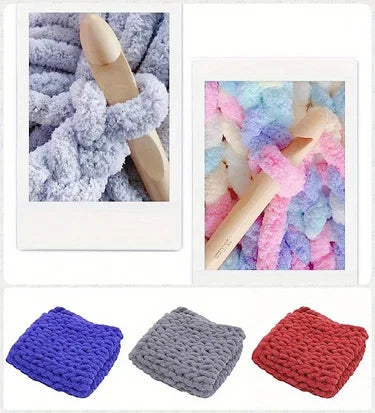 A collection of extra thick chenille yarn in various colors including purple, gray, and pink, shown in a close-up view.