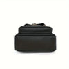 A black PU leather crossbody bag with a gold-toned strap shown from the top view.