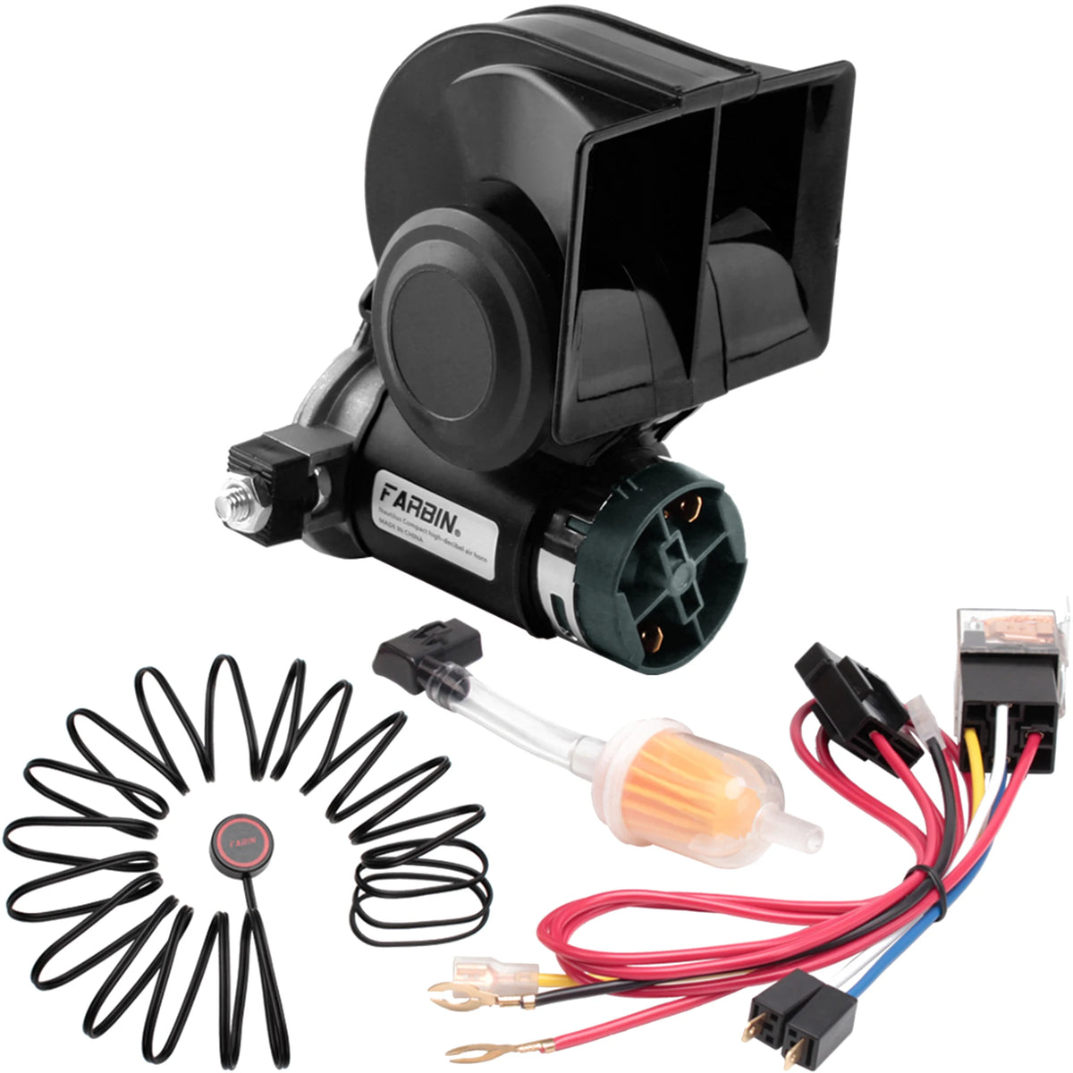 A black air horn kit featuring a horn, relay, and harness with coiled wires and connectors.