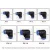 A set of pneumatic quick push-in fittings for air compressor tubing shown in various sizes PV-4 through PV-16.