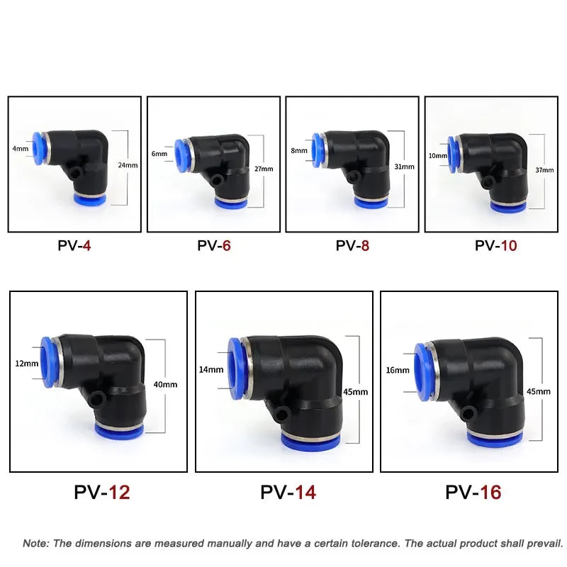 A set of pneumatic quick push-in fittings for air compressor tubing shown in various sizes PV-4 through PV-16.