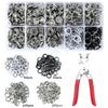 A collection of metal snap fasteners in various sizes packaged with a pair of pliers tool.