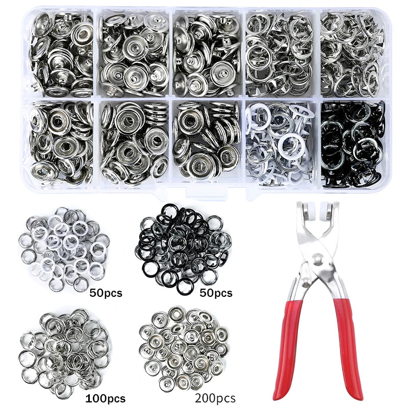 A collection of metal snap fasteners in various sizes packaged with a pair of pliers tool.
