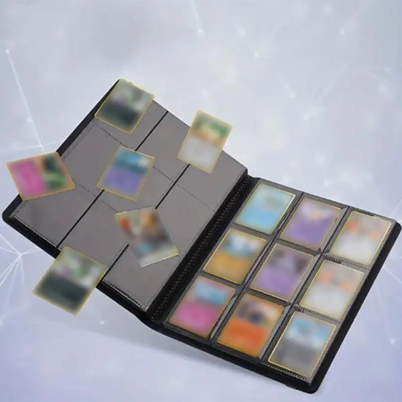 A black card binder album displaying various colored and textured cards arranged in a grid.