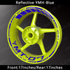 A yellow motorcycle wheel with blue reflective decals for a Yamaha MT-07, shown against a dark background.