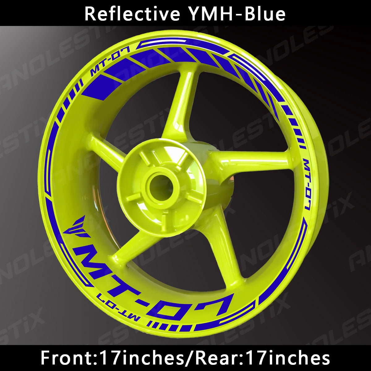 A yellow motorcycle wheel with blue reflective decals for a Yamaha MT-07, shown against a dark background.