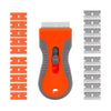 Orange telescopic scraper tool with multiple replacement blades shown next to a stack of metal blades.