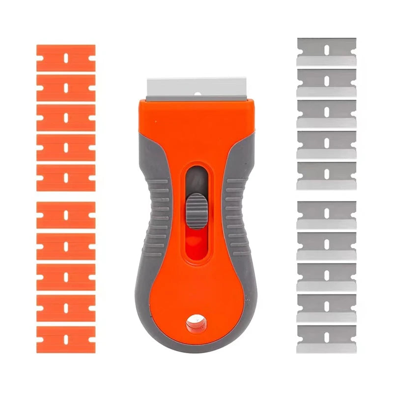 Orange telescopic scraper tool with multiple replacement blades shown next to a stack of metal blades.