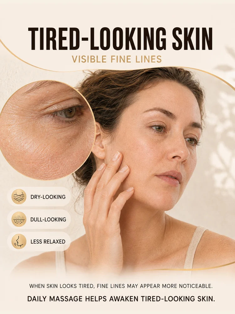 A woman is shown applying a facial massage to her skin, illustrating how daily massage helps awaken tired-looking skin.