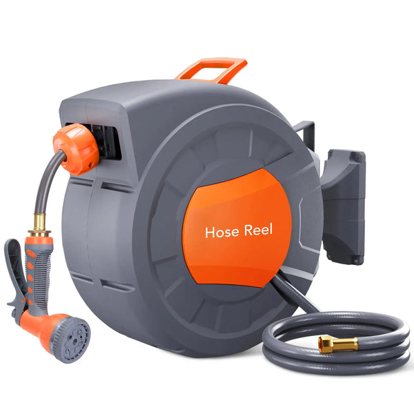 A gray wall-mounted garden hose reel with an orange nozzle and coiled black hose.