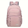 A pink backpack with gray accents, featuring multiple zippered compartments for travel or college use.