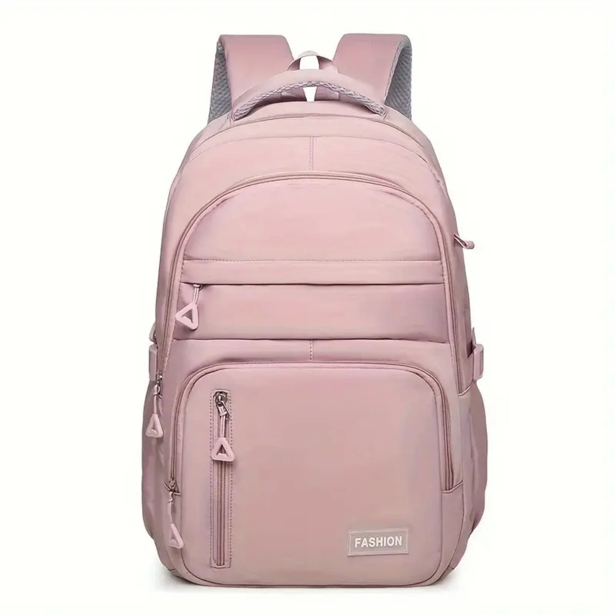 A pink backpack with gray accents, featuring multiple zippered compartments for travel or college use.