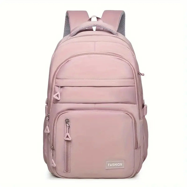 Pinker Rucksack mit grauen Akzenten, mit mehreren Reißverschlusstaschen für Reisen oder Studium.
