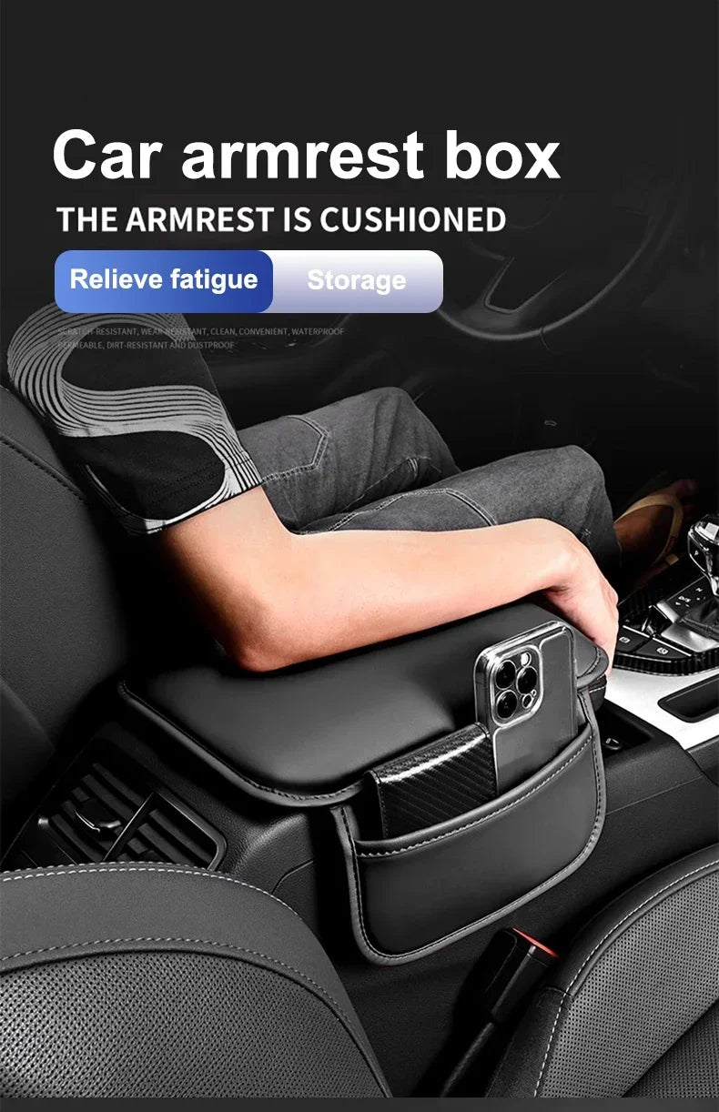 A black PU leather car armrest cover with a storage bag is shown on a vehicle interior.