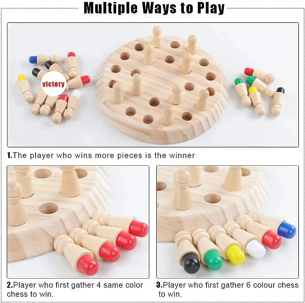 A wooden memory chess game showing multiple ways to play, including gathering pieces for victory.