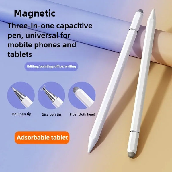 A white magnetic three-in-one capacitive pen with ball, disc, and fiber cloth tips shown next to a tablet.