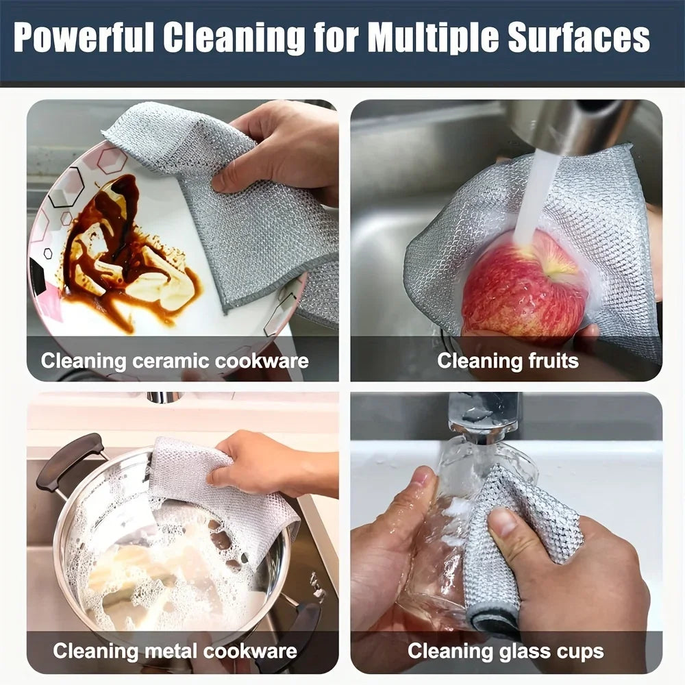Demonstration of double-layer microfiber cleaning cloths used for cleaning ceramic cookware, fruits, metal cookware, and glas