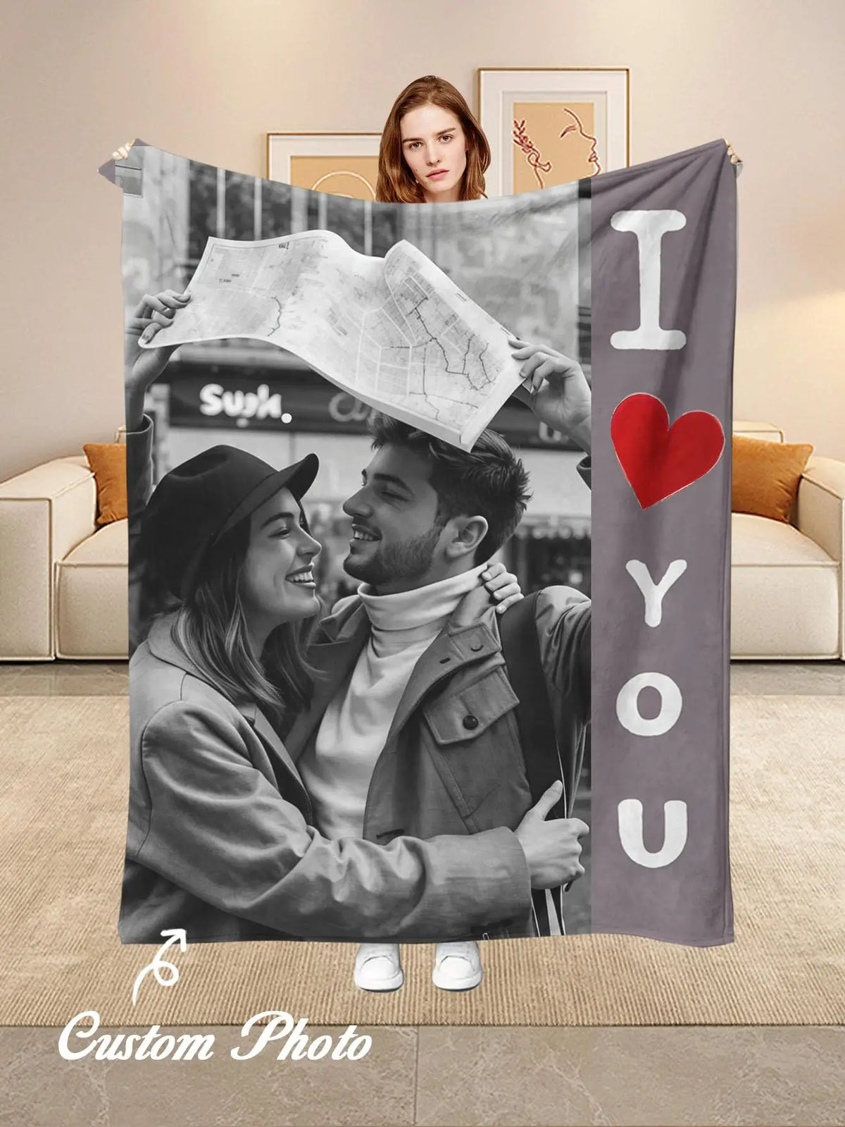 A custom photo flannel blanket featuring a couple smiling while holding a map.