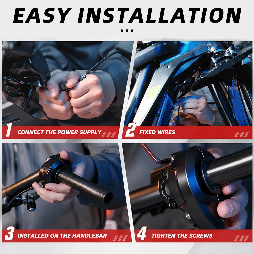 Four steps showing the easy installation of an electric bike throttle grip on a Sur-Ron X/S handlebar.