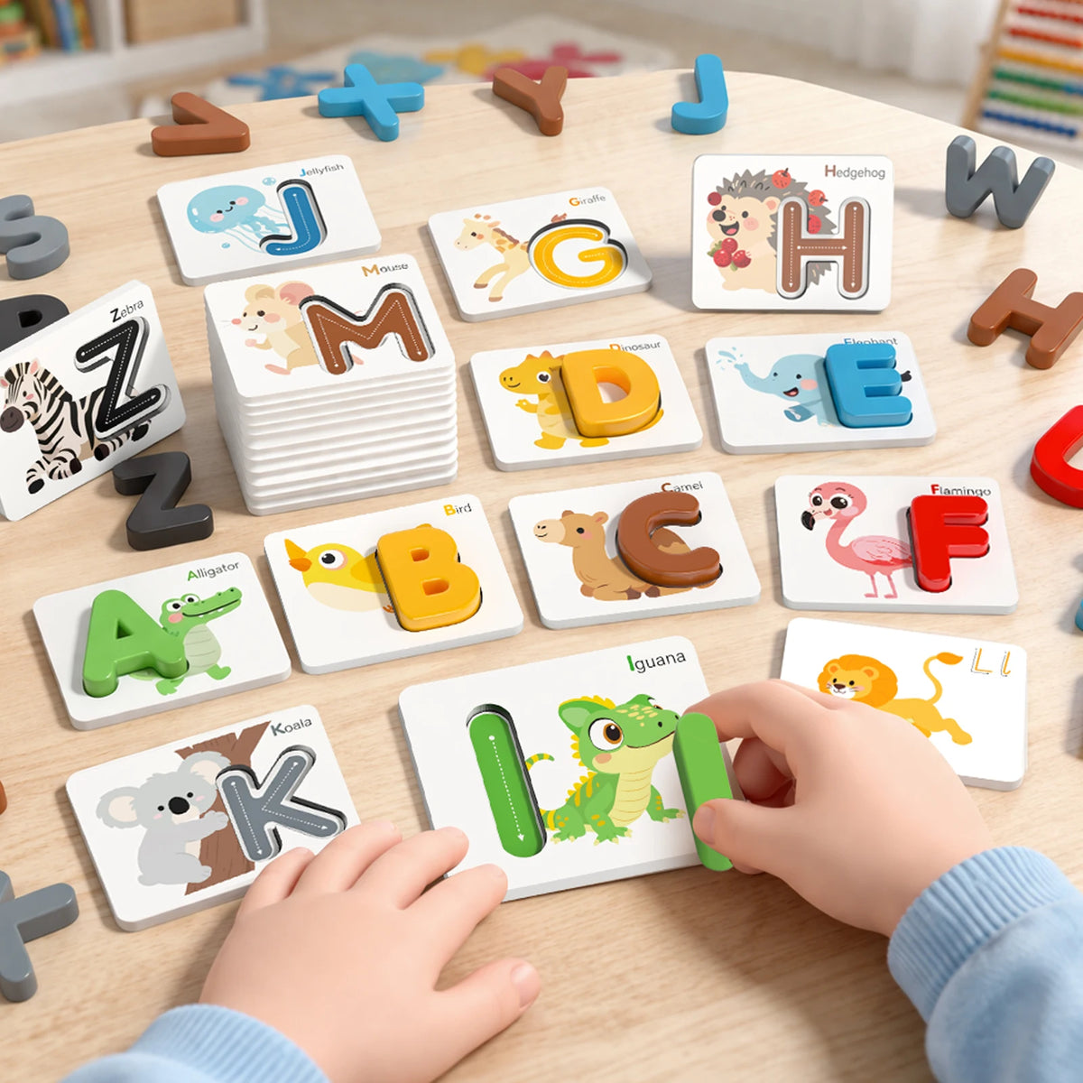 A wooden spelling word game featuring letter matching cards like J, G, H, E, and others for early learning.