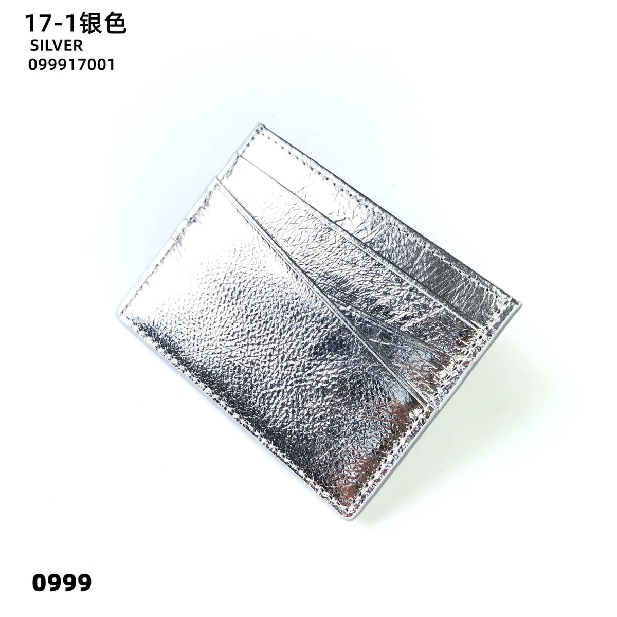 Silver genuine leather slim card holder wallet with a textured finish