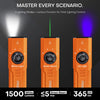 Orange tactical flashlight showing white light, green beam, and UV light modes.