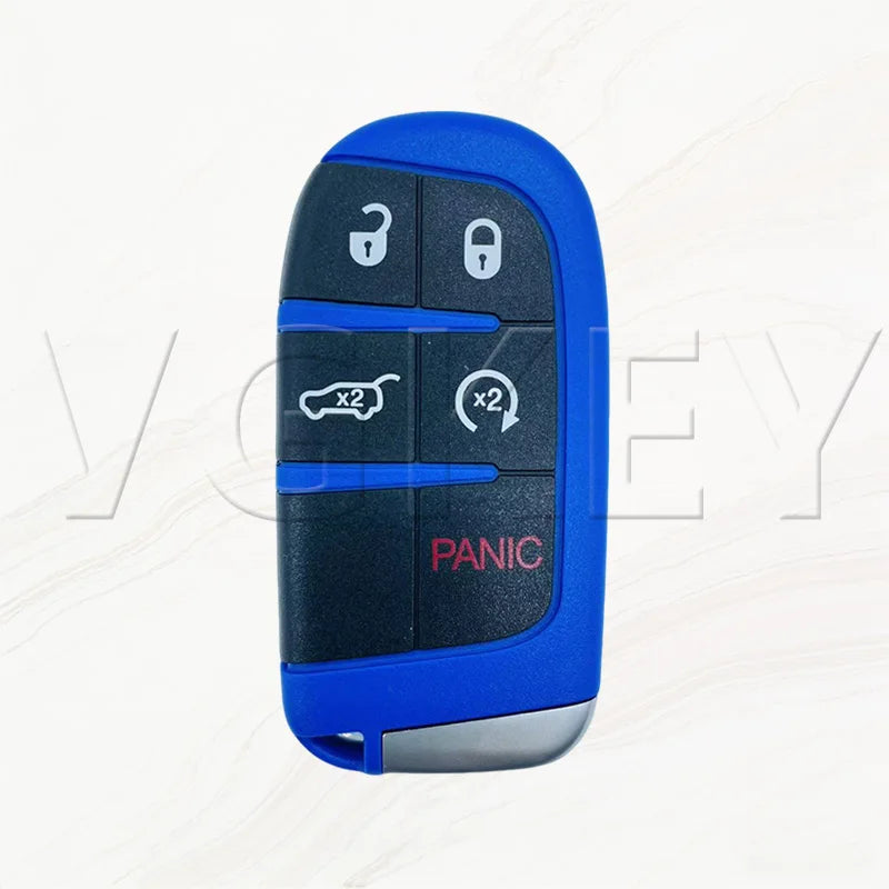A blue smart key shell with various buttons and a panic function for a Dodge Challenger or Charger vehicle.