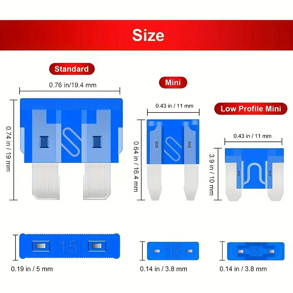 Kit variado de fusibles eléctricos de varios tamaños: estándar, mini y mini de perfil bajo.