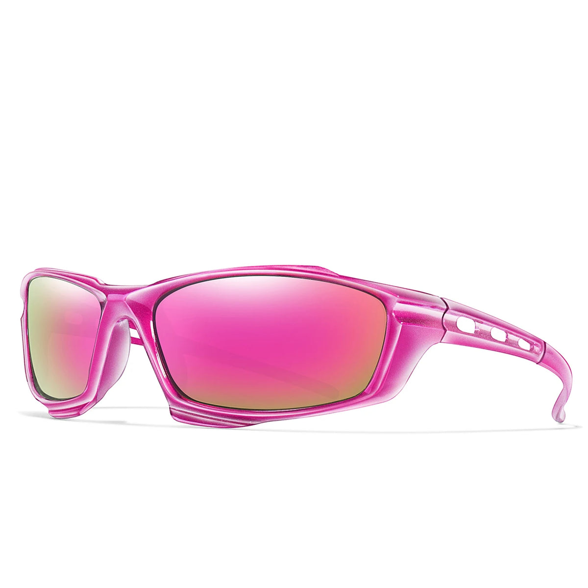 Pink polarized sports sunglasses with a translucent lens and pink frame