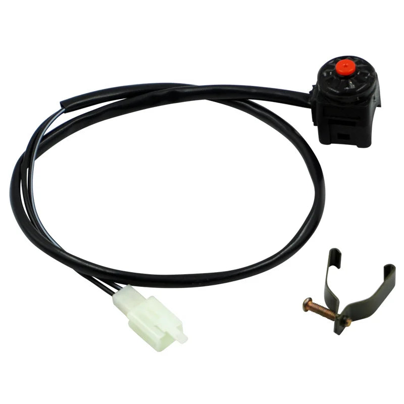 Black electrical wire and kill switch assembly for a motorcycle handlebar with a red push button.