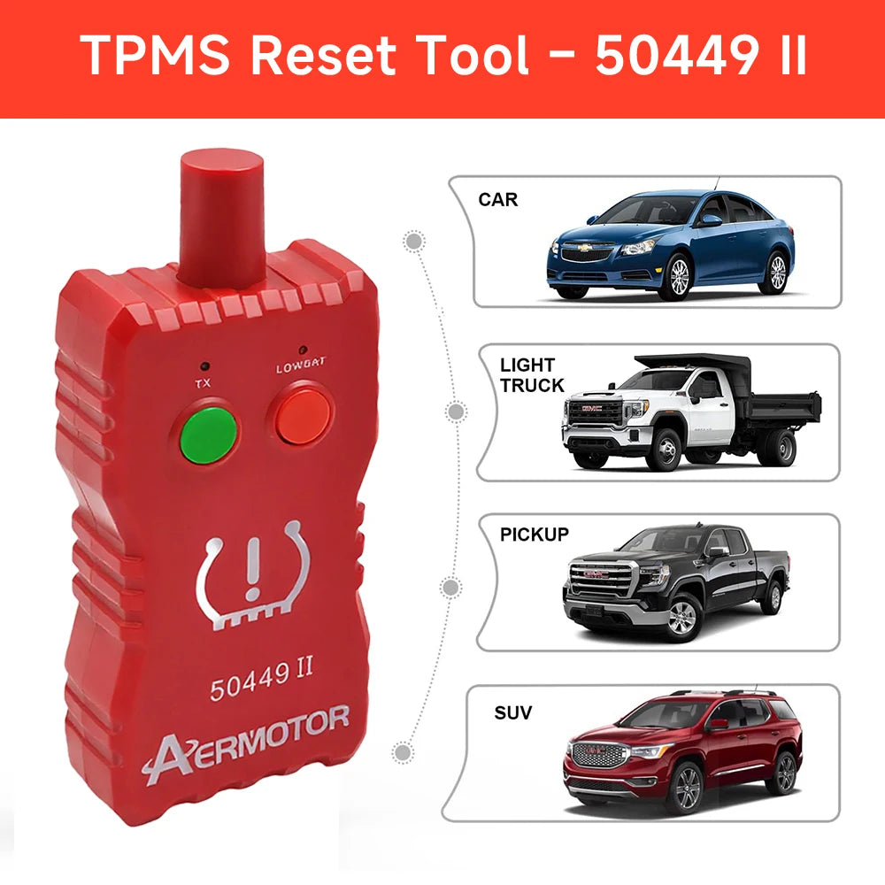 A red TPMS Reset Tool labeled 50449 II used for vehicle tire pressure monitoring systems.