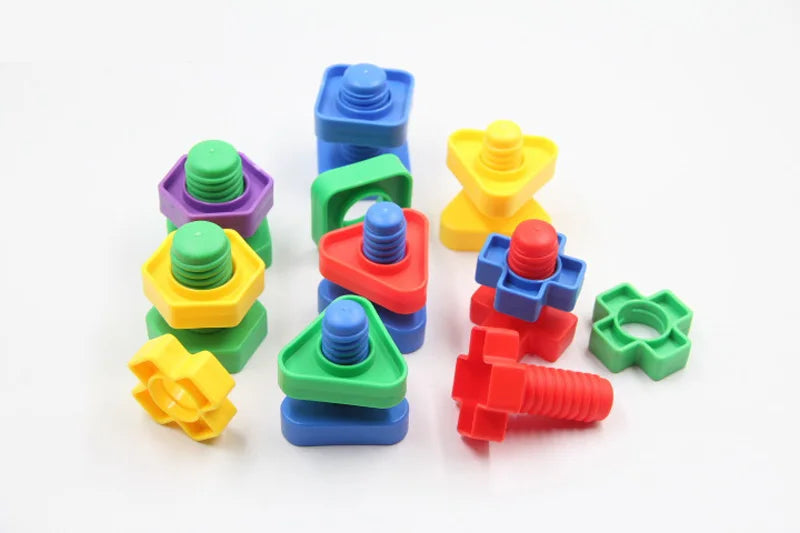 A collection of colorful screw and nut building blocks in various shades of green, yellow, blue, purple, and red.