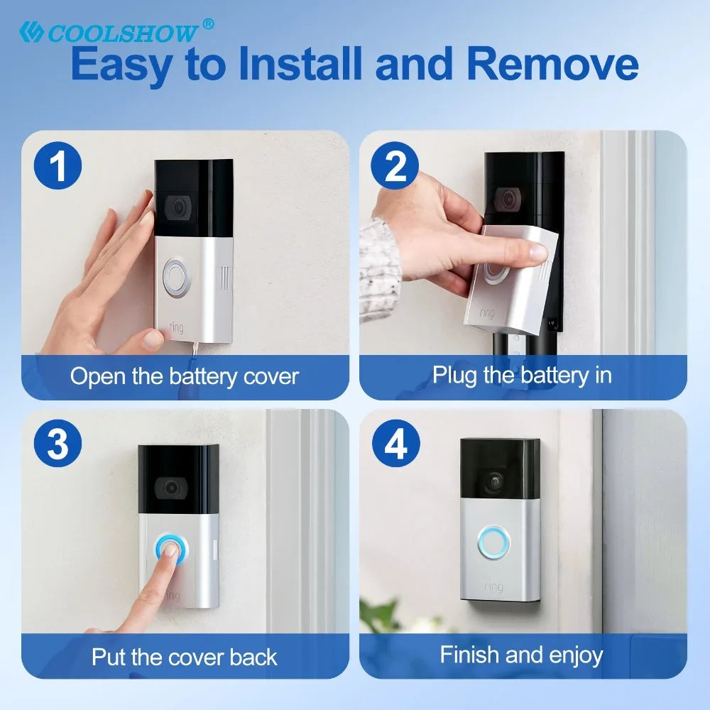 Step-by-step guide showing how to install and remove a battery for a Ring video doorbell using the rechargeable battery.