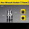 A silver hex wrench socket with a 11mm drive size is shown against a dark background.