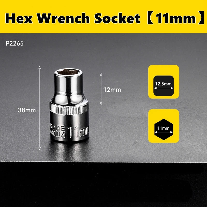 A silver hex wrench socket with a 11mm drive size is shown against a dark background.